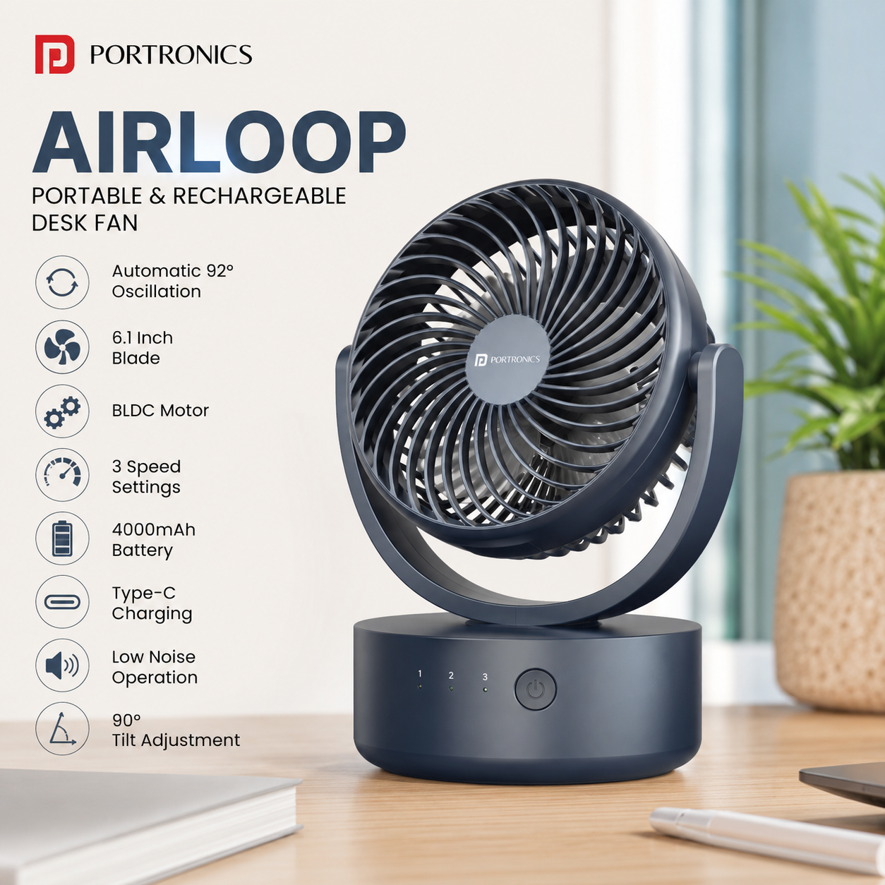 Portronics Airloop Rechargeable Desk Fan with 92° Oscillation & BLDC Motor